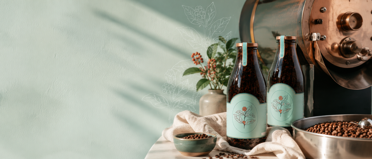 Kaffeeflaschen von Lena & Louise in stilvoller Tischszene mit Blumen und Kaffee.