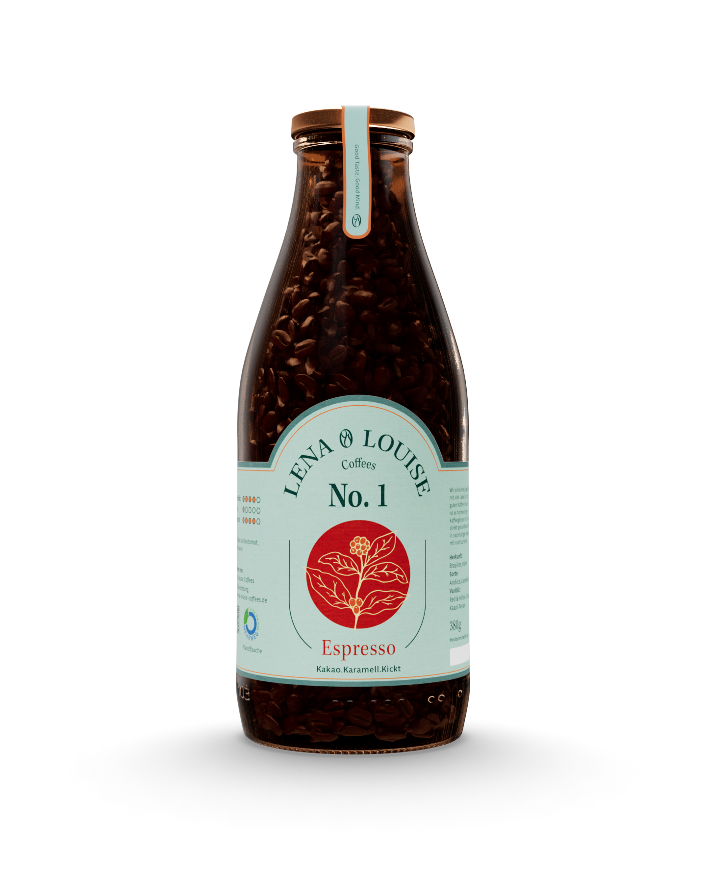 Espresso No. 1 von Lena & Louise Coffees in der Mehrwegflasche – kräftiger Espresso aus Brasilien und Indien mit dunkler Schokolade, braunem Zucker und Karamell.