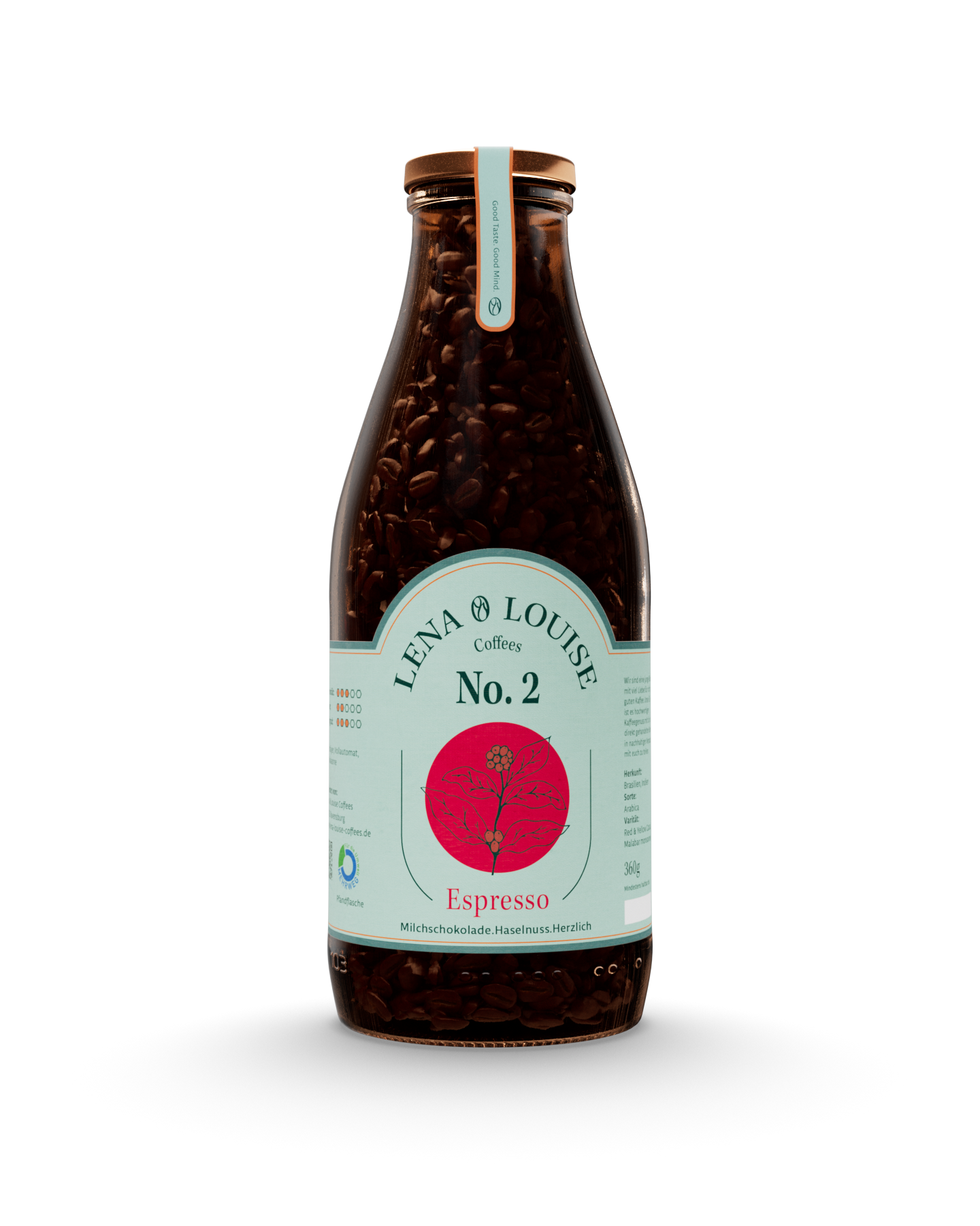 Espresso No. 2 von Lena & Louise Coffees in der Mehrwegflasche – Arabica-Espresso mit Milchschokolade, Nougat und Malz.