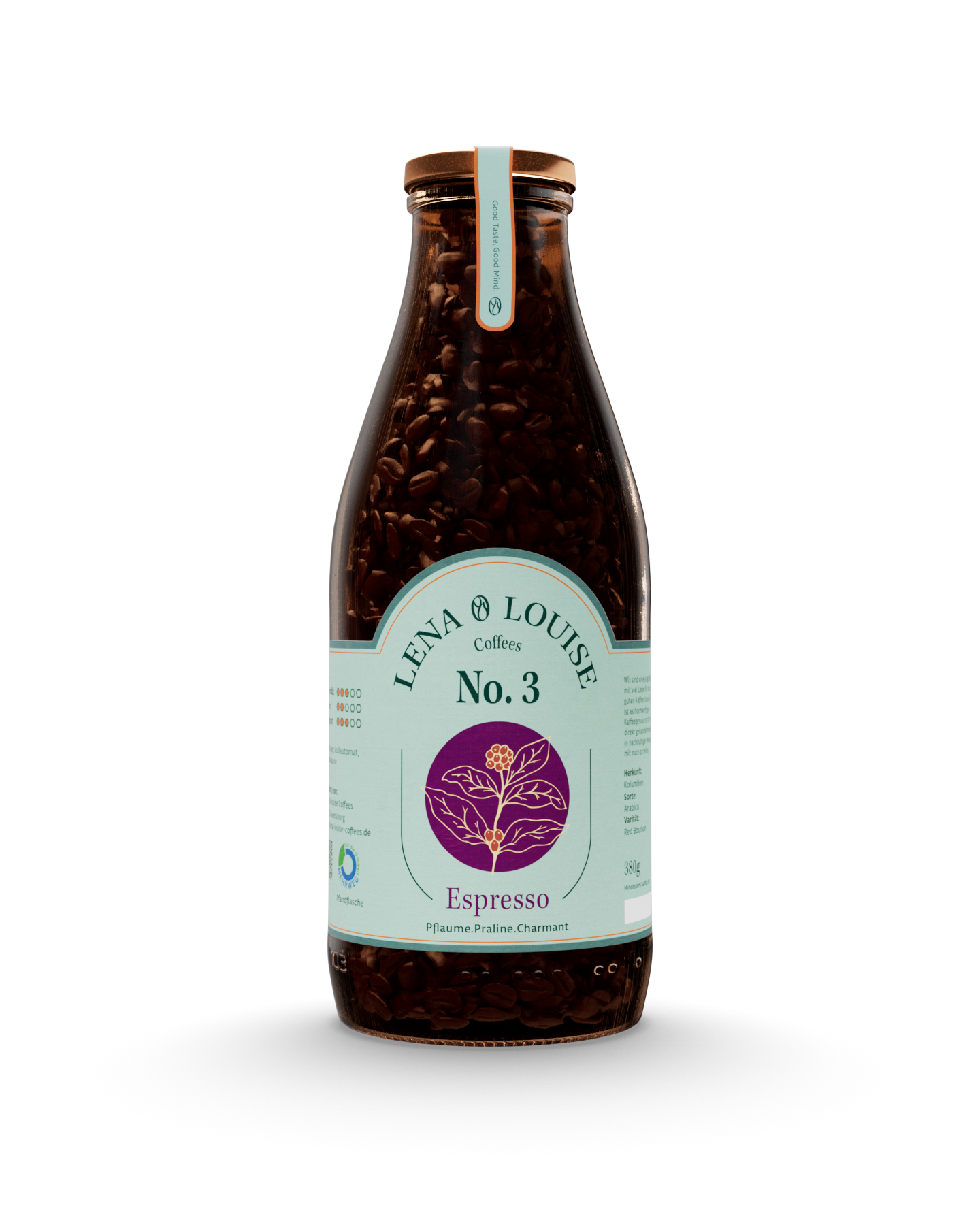 Espresso No. 3 von Lena & Louise Coffees in der Mehrwegflasche – kolumbianischer Arabica-Espresso mit Pflaume, Cranberry und Schokoladentrüffel.