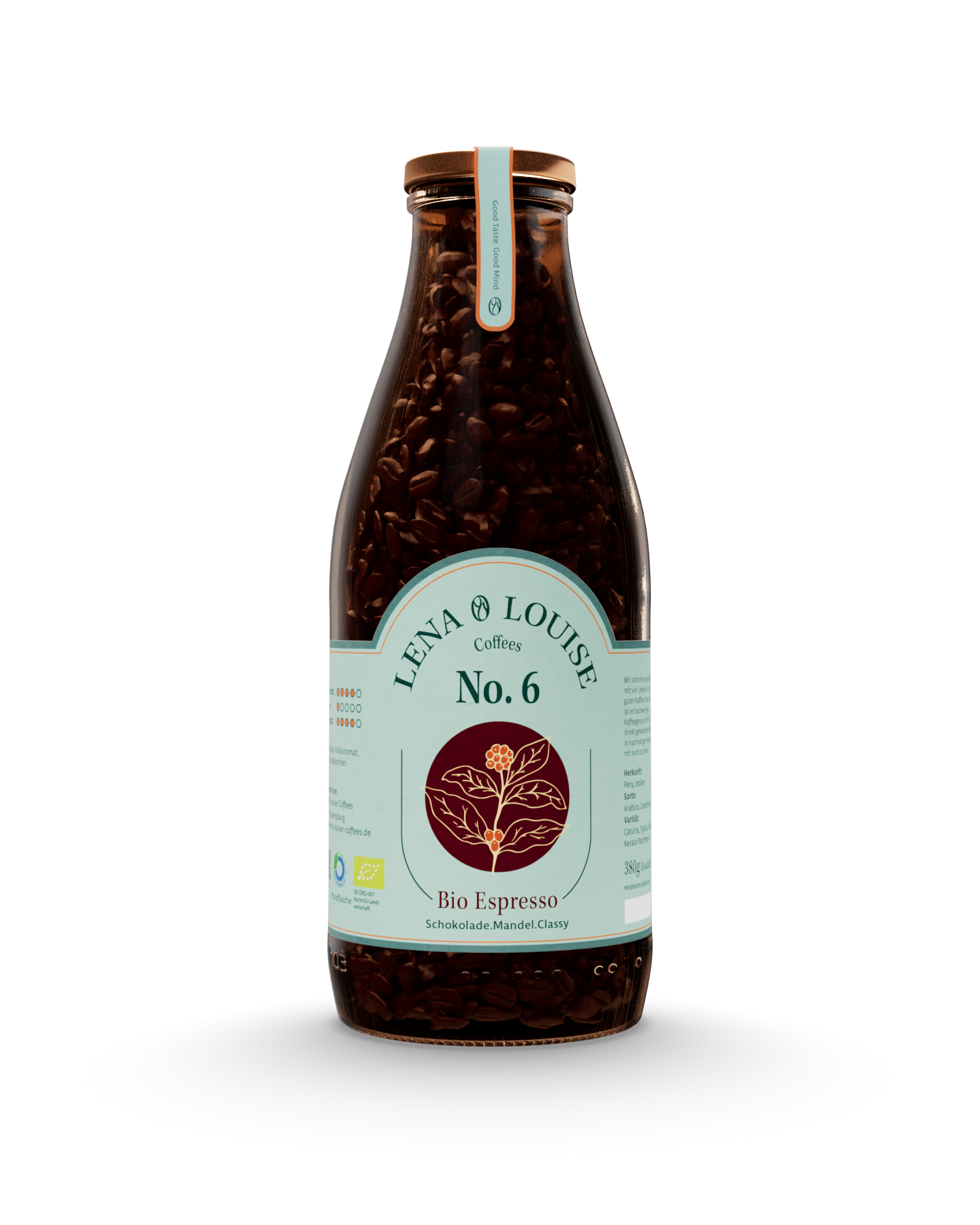 Bio Espresso No. 6 von Lena & Louise Coffees in der Mehrwegflasche – Bio-Kaffee aus Peru und Indien mit Schokolade, dunklen Beeren und Karamell.