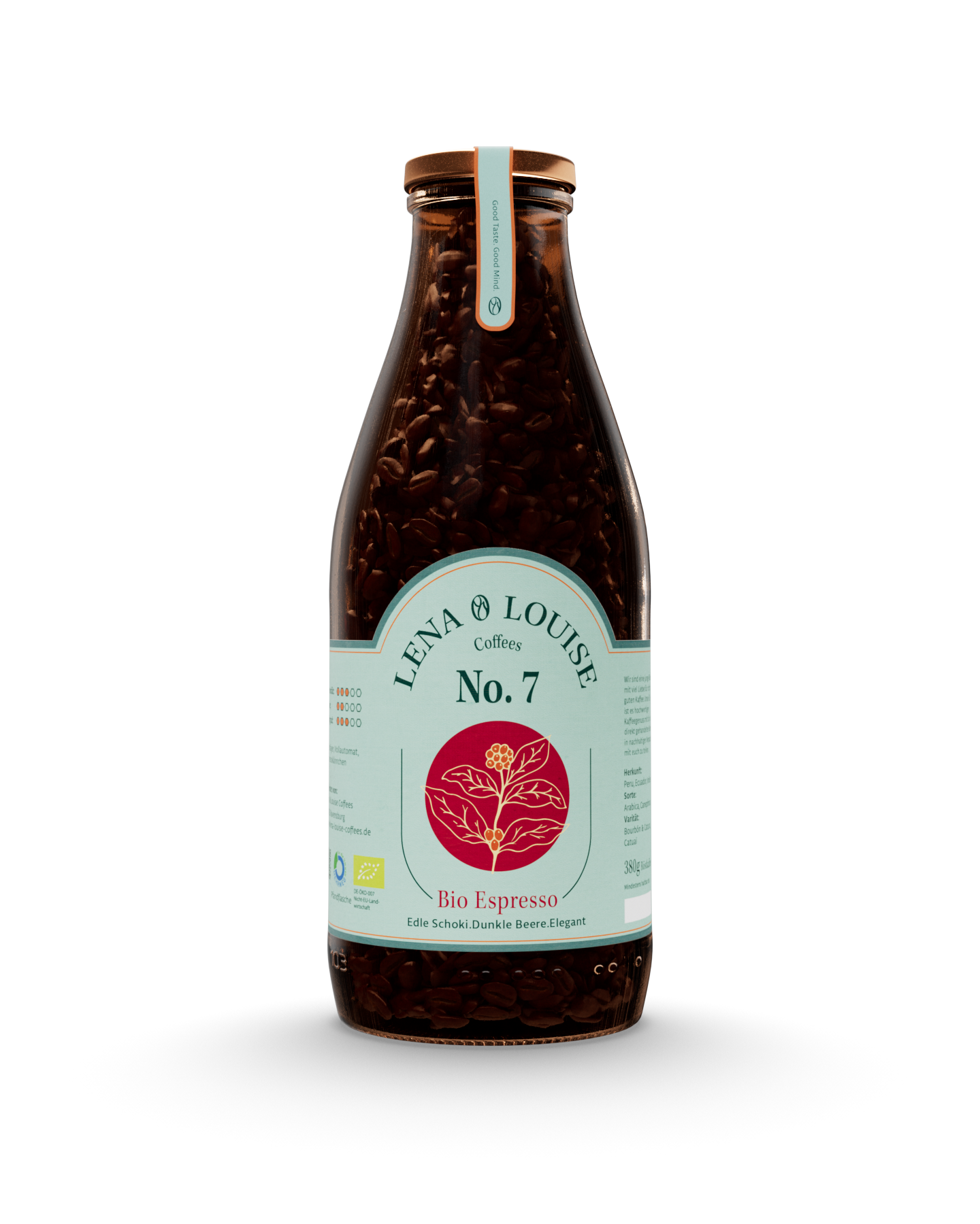 Bio Espresso No. 7 von Lena & Louise Coffees in der Mehrwegflasche – Bio-Espresso mit dunkler Schokolade, Beeren und karamelliger Süße.