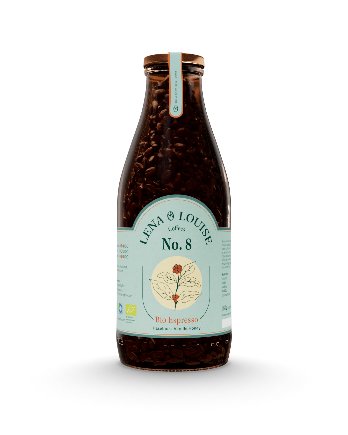 Bio Espresso No. 8 von Lena & Louise Coffees in der Mehrwegflasche – 100 % Arabica aus Ecuador mit Haselnuss, Vanille und Karamell.