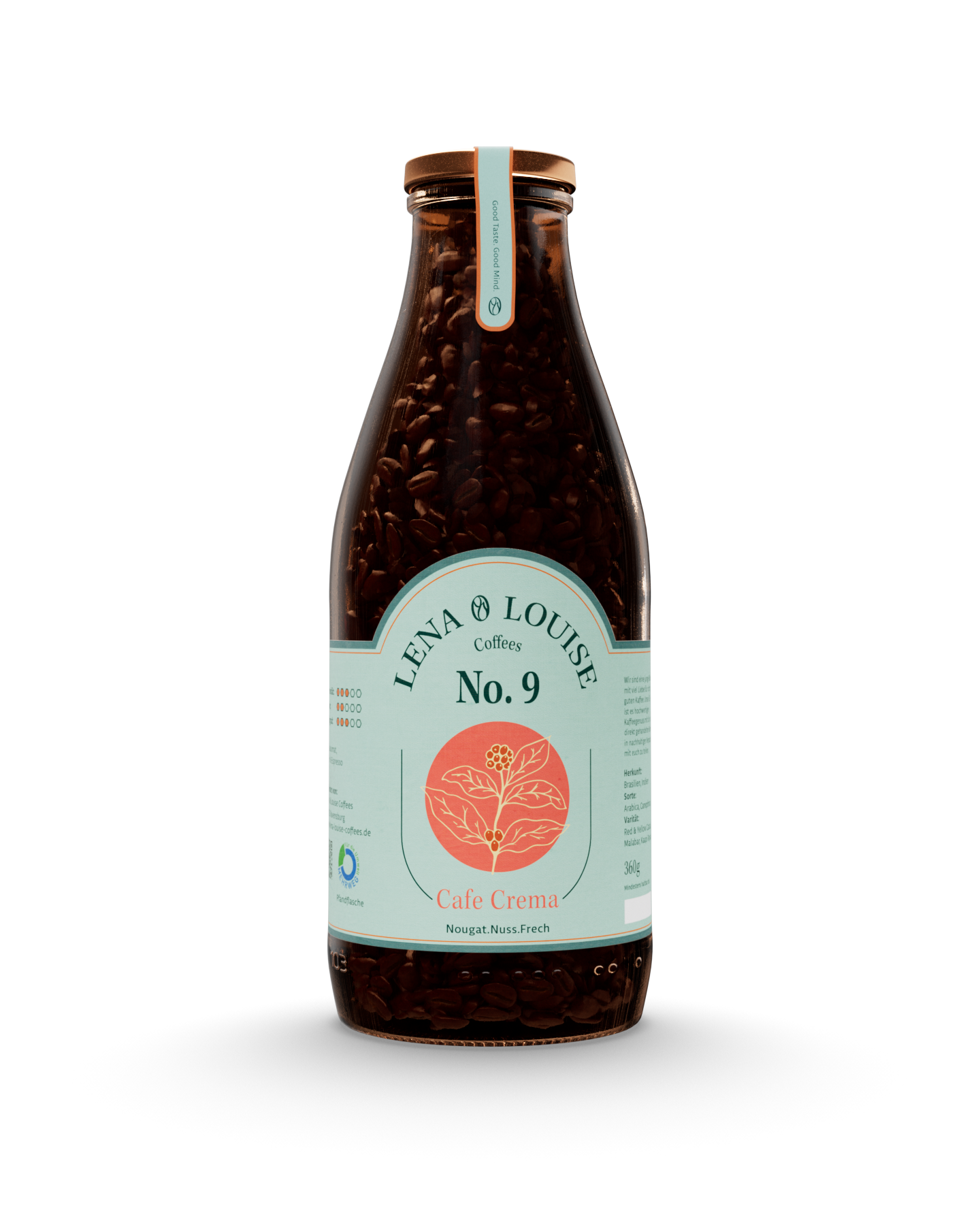 Café Crema No. 9 von Lena & Louise Coffees in der Mehrwegflasche – Kaffee-Blend aus Brasilien und Indien mit nussigen, fruchtigen und karamelligen Aromen.