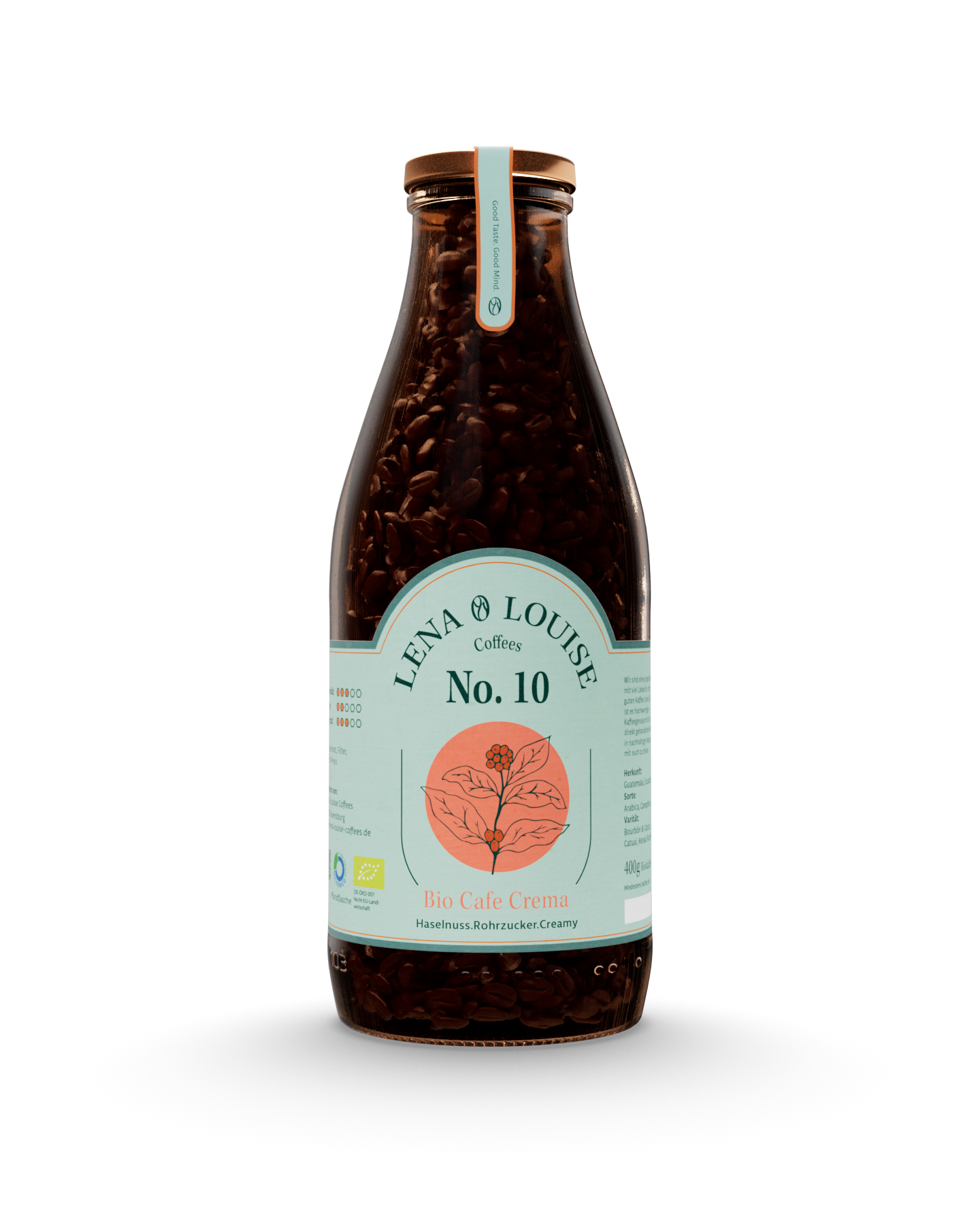 Bio Café Crema No. 10 von Lena & Louise Coffees in der Mehrwegflasche – vollmundiger Bio-Kaffee mit Haselnuss und Rohrzuckersüße.
