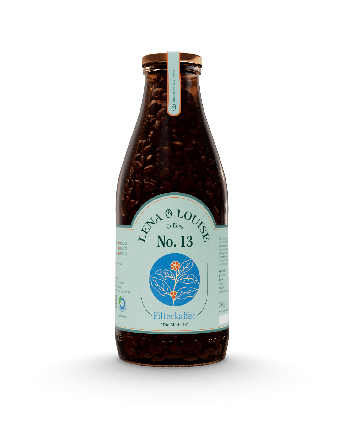 Filterkaffee No. 13 „Die Milde 13“ von Lena & Louise Coffees in der Mehrwegflasche – 100 % Arabica aus Brasilien mit Schokolade, braunem Zucker und Karamell.