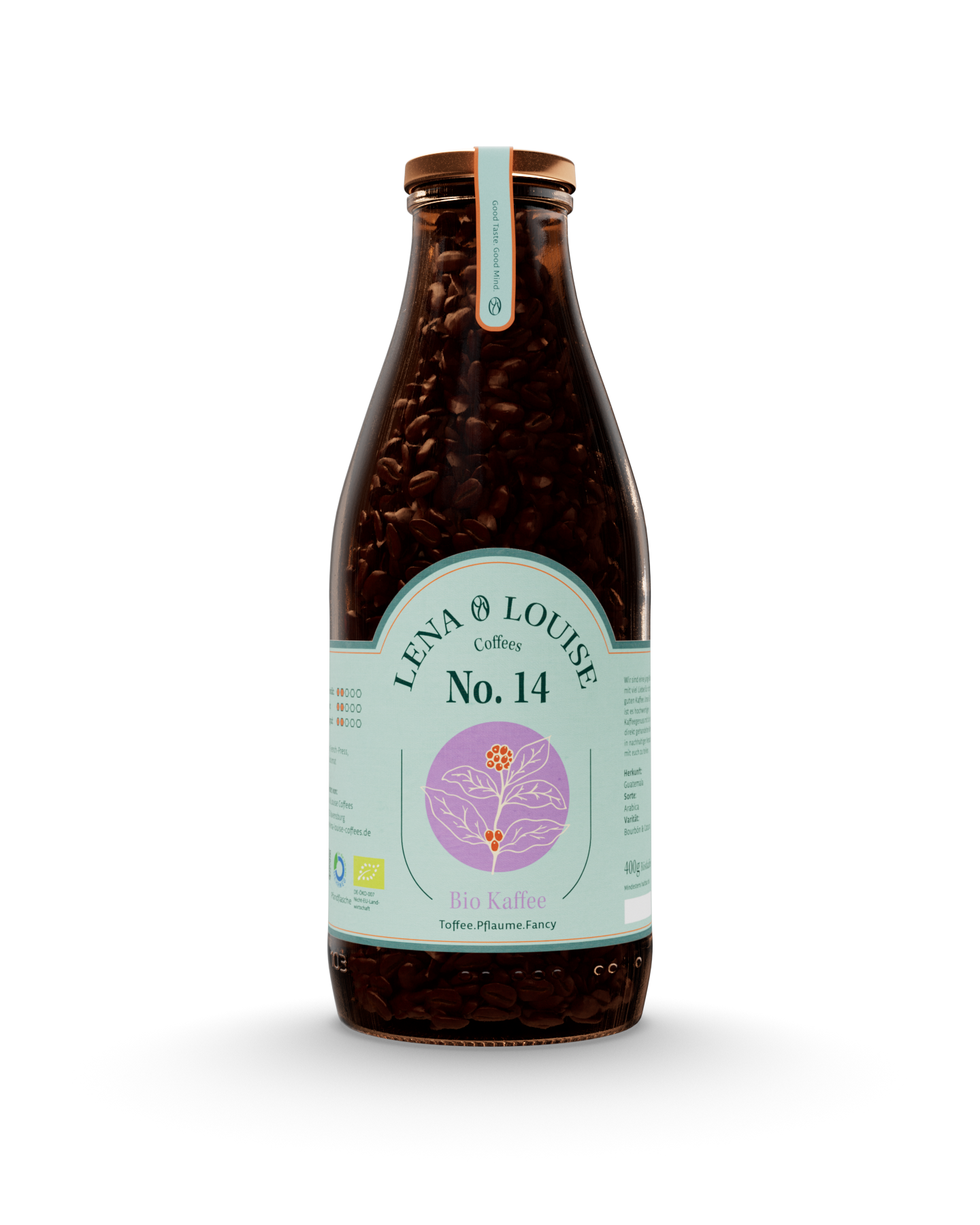 Bio Kaffee No. 14 von Lena & Louise Coffees in der Mehrwegflasche – 100 % Arabica aus Guatemala mit Kakao, Mandel und fruchtigen Steinfruchtnoten.