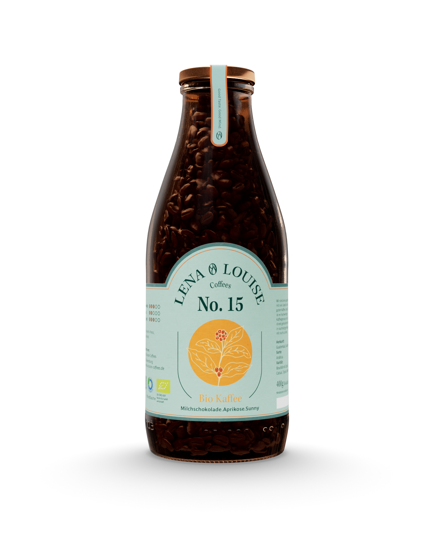 Bio Kaffee No. 15 von Lena & Louise Coffees in der Mehrwegflasche – Bio-Kaffee mit Schokolade, Karamell und fruchtigen Aprikosennoten.