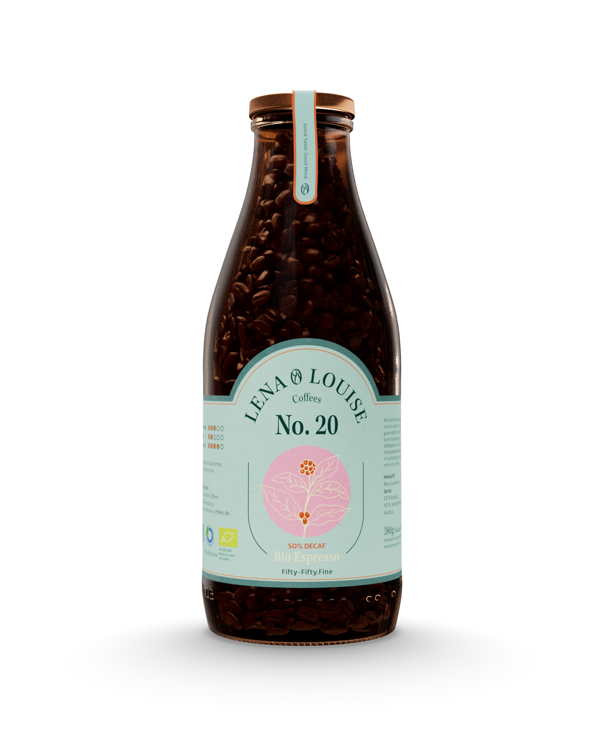 Bio Espresso No. 20 Fifty-Fifty von Lena & Louise Coffees in der Mehrwegflasche – 50 % entkoffeinierter Espresso mit Aromen von gerösteter Mandel, Haselnuss, Milchschokolade und Nougat.