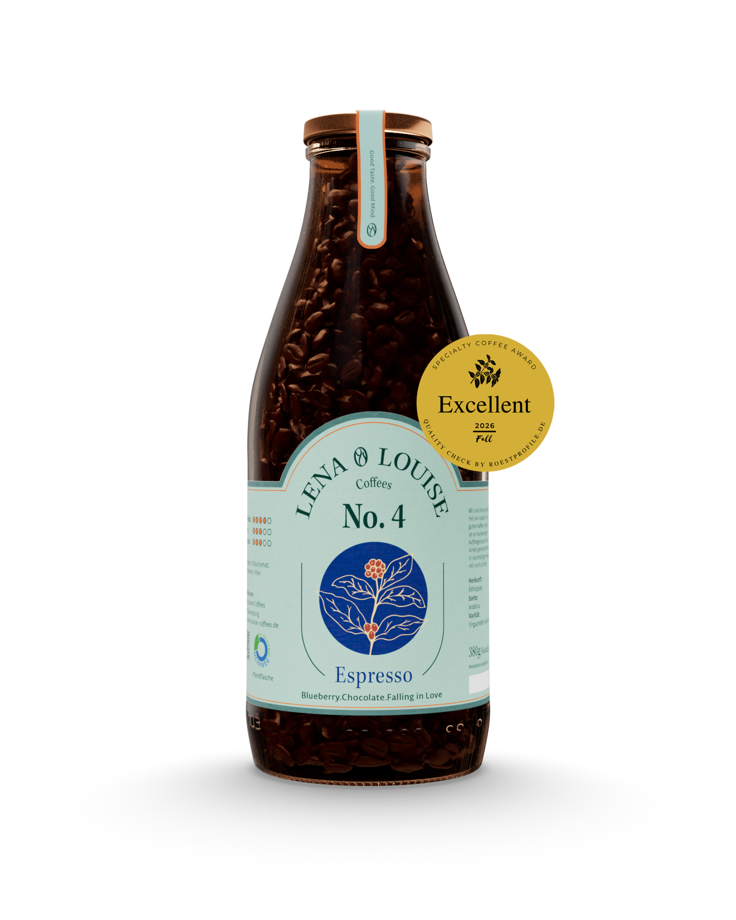 Espresso No. 4 von Lena & Louise Coffees in der Mehrwegflasche – äthiopischer Arabica-Espresso mit Blaubeere, Schokolade und Nougat, ausgezeichnet beim Specialty Coffee Award Spring 2026.