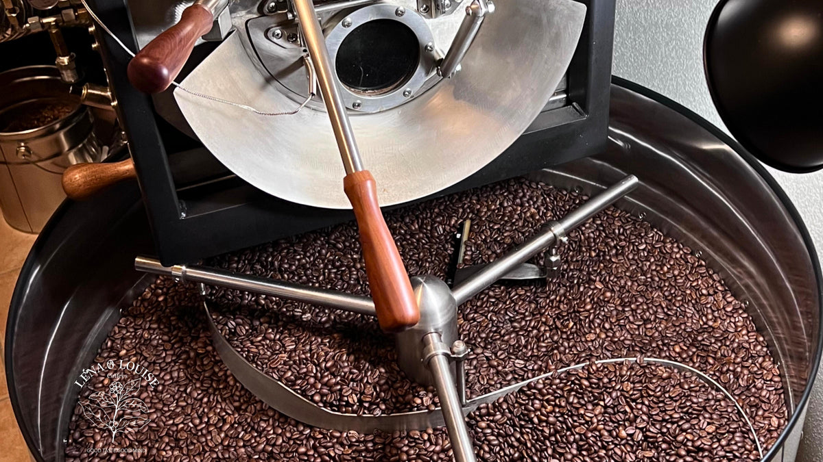 Frisch geröstete Kaffeebohnen in der Kühltrommel eines Kaffeerösters – schonende Röstung bei Lena & Louise Coffees in Ravensburg.