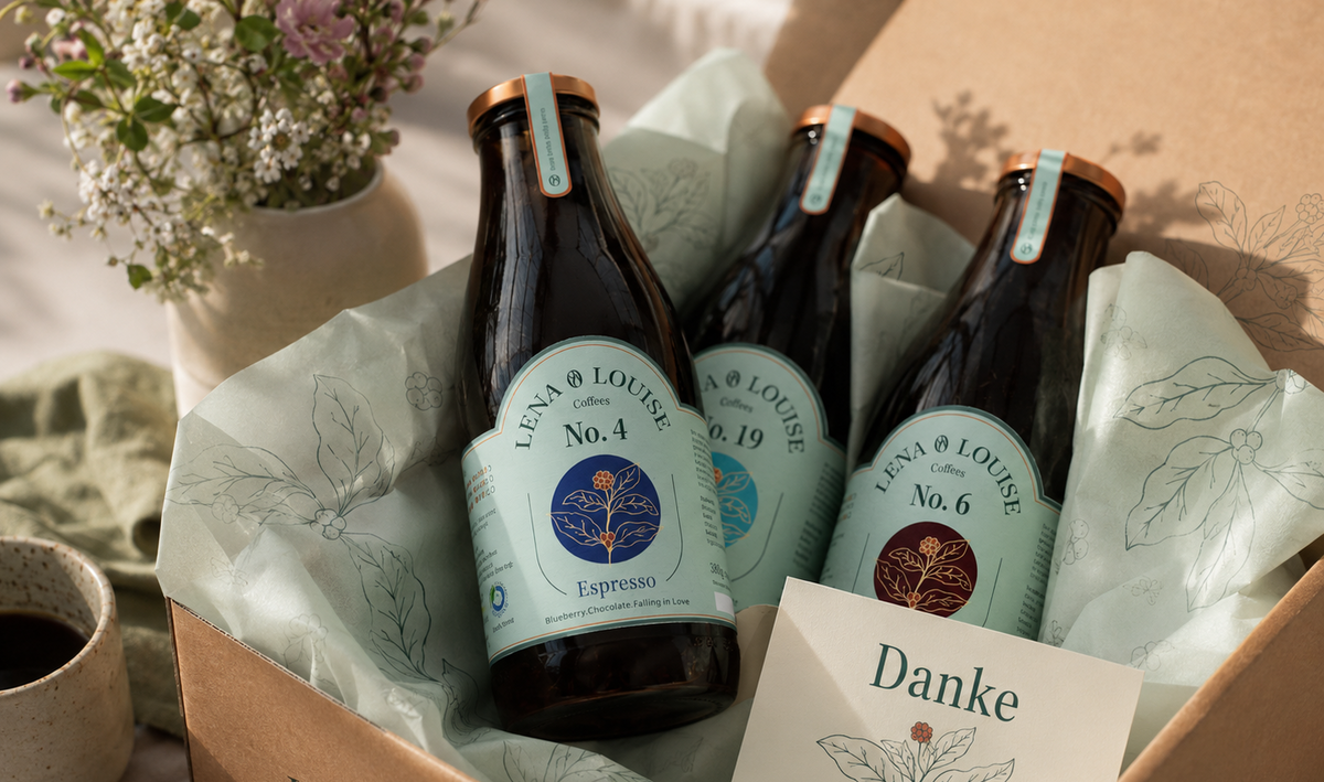 Lena & Louise Kaffeeflaschen nachhaltig verpackt im Versandkarton.